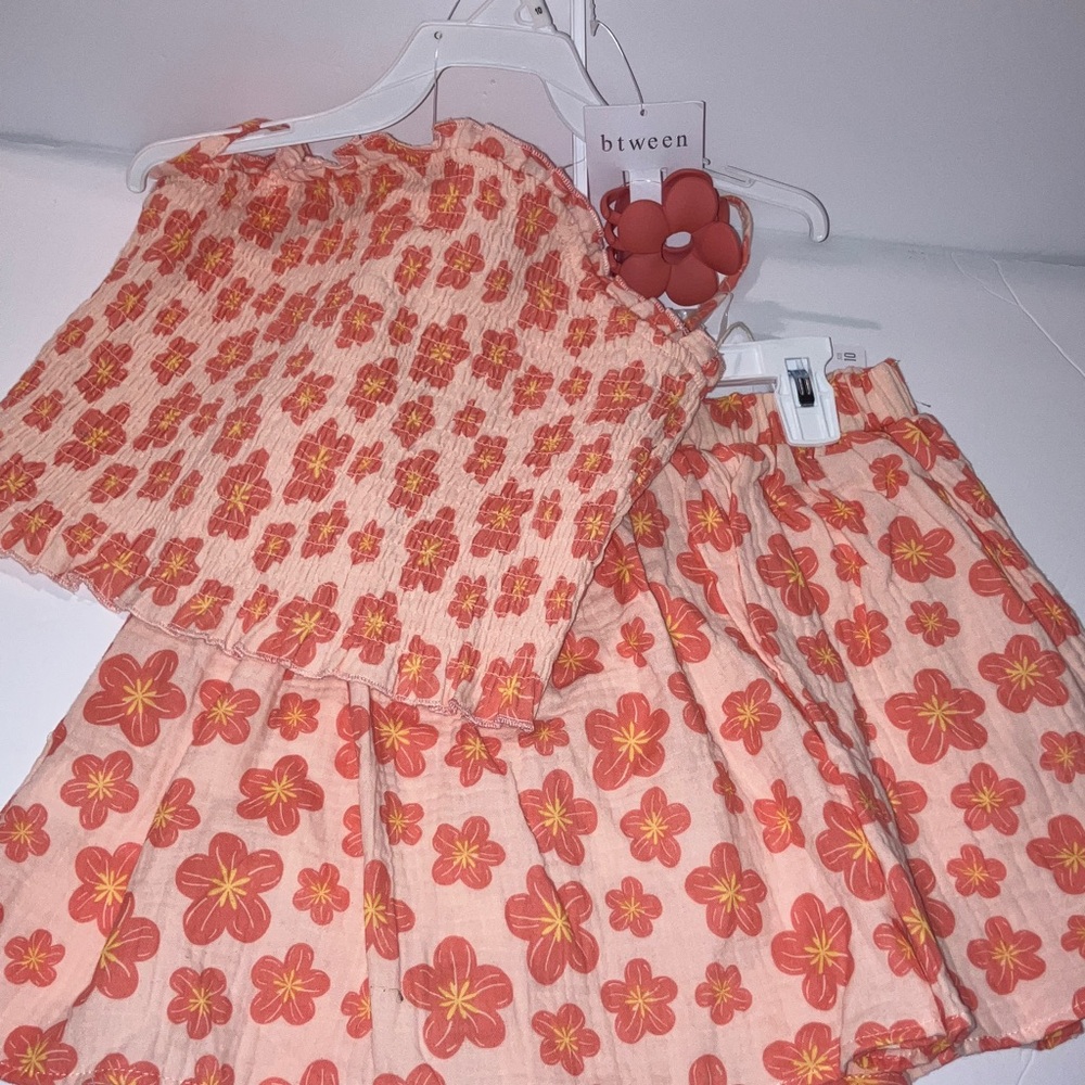 btween Pink and Orange Floral Matching Tank and Skort Set with Hair Clip